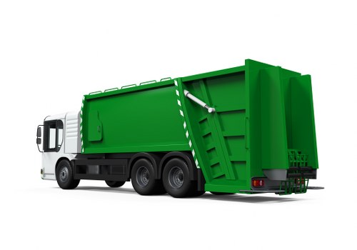 A large commercial waste collection truck with a white cab and a bright green hydraulic cargo area, parked on a paved surface. The cargo section is in a raised position, revealing its textured, painted metal surface with visible hinges and hydraulic components. The truck is positioned slightly to the left in the image, with the rear end facing the viewer and the front cab directed to the right. The environment appears to be a clear outdoor area with no background scenery visible. The truck's green waste bin is designed for the collection and removal of rubbish, consistent with services provided by Commercial Waste Purfleet, located in the local area near postcode RM19, Essex. The vehicle’s finish is glossy, reflecting natural light, and the overall appearance is clean and well-maintained, suitable for commercial rubbish removal operations within the town's waste management sector.